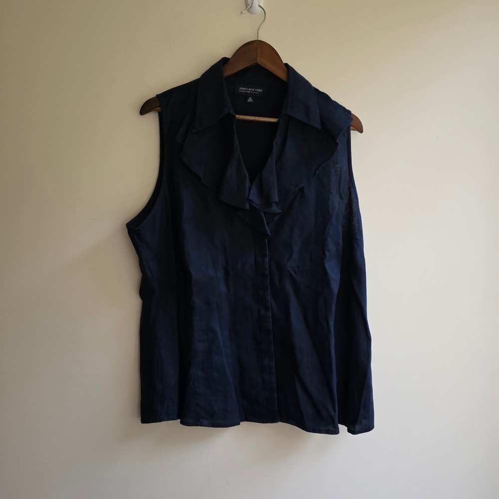 Jones New York Navy Blue 100% Linen Ruffle Sleeveless Blouse 2X Minimalist